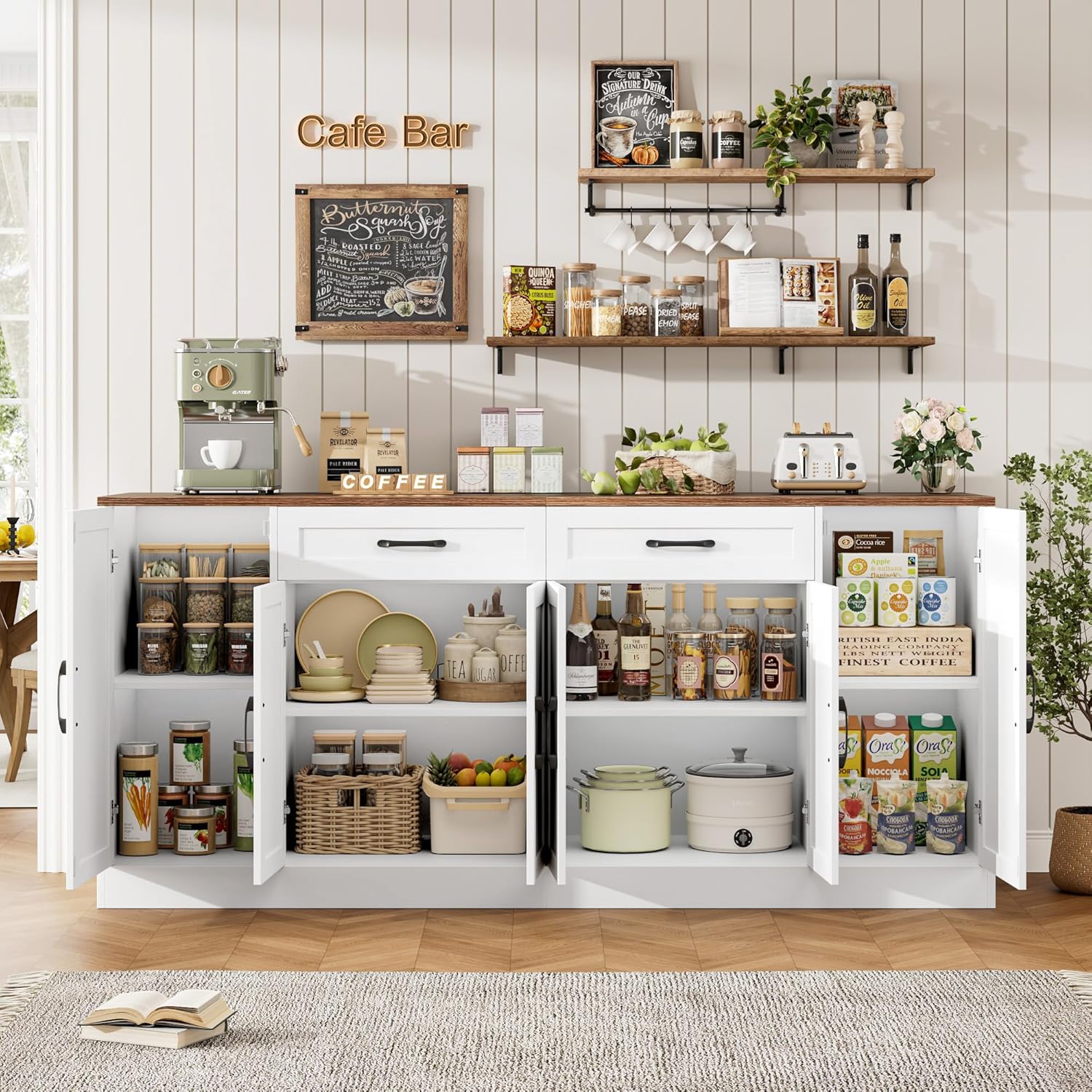 71” Large Buffet Cabinet with Storage, Sideboard Buffet Cabinet with Adjustable Shelves and 6 Soft-Close Doors, Wood Coffee Bar Console Table for Kitchen, Dining Room, White
