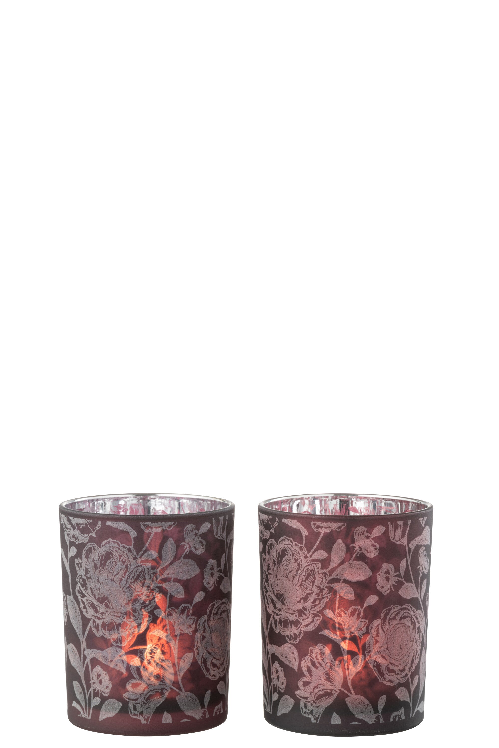 J-Line windlicht Bloemen - glas - paars/zilver - medium - 2 stuks