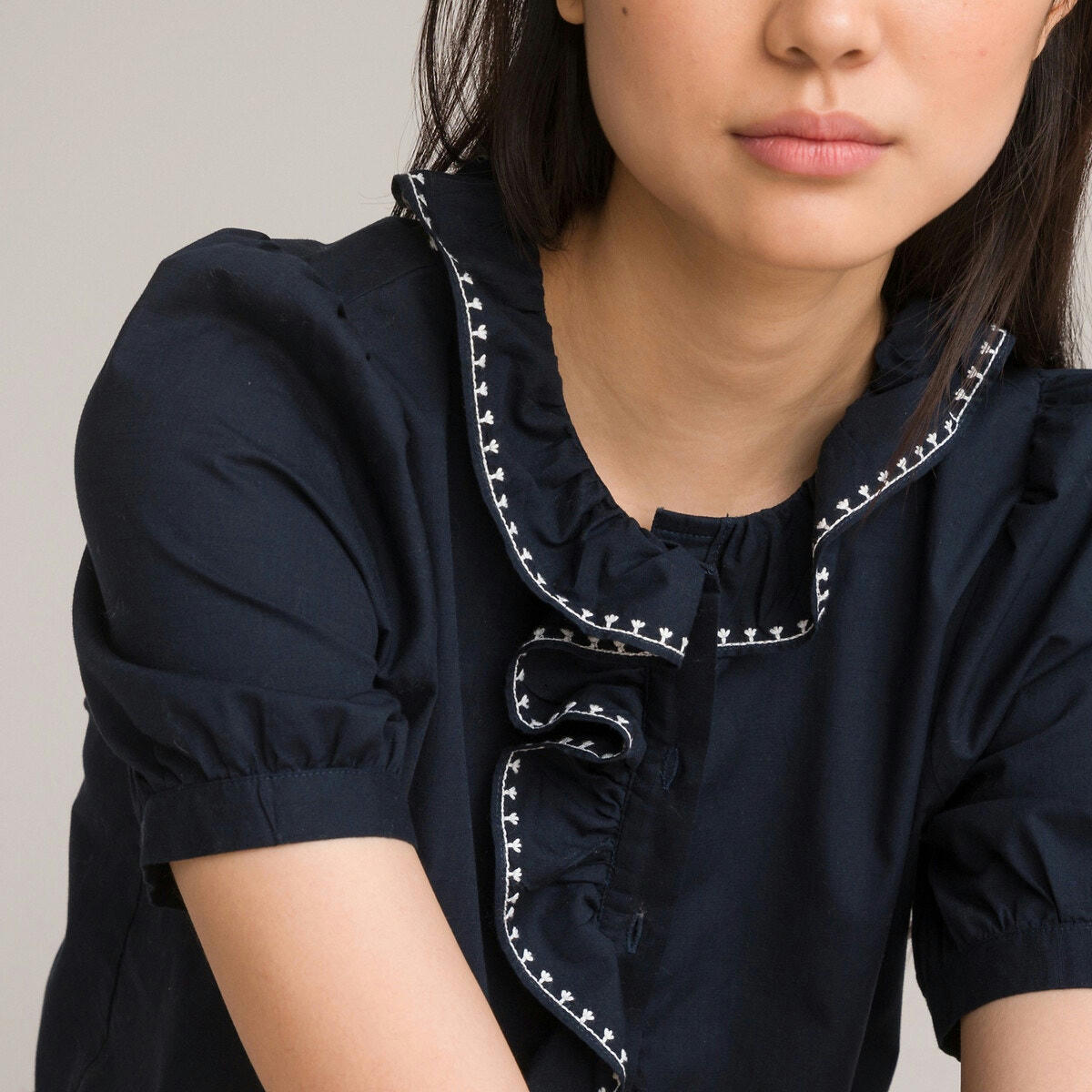 Chemise col claudine volanté, manches aux coudes