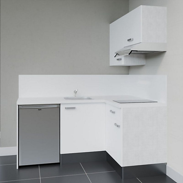 Kitchenette KA02 façades Blanc - Plan de travail Blanc - Crédences : Oui - Evier inox - Electroménager Inox inclus