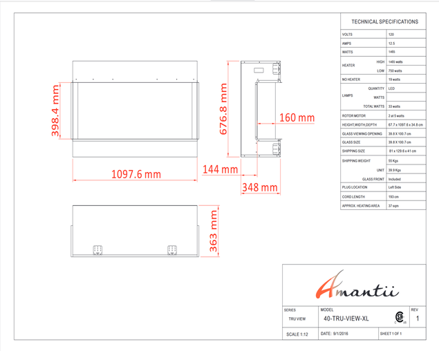 Amantii Smart 40" 3 sided glass electric fireplace Built-in only