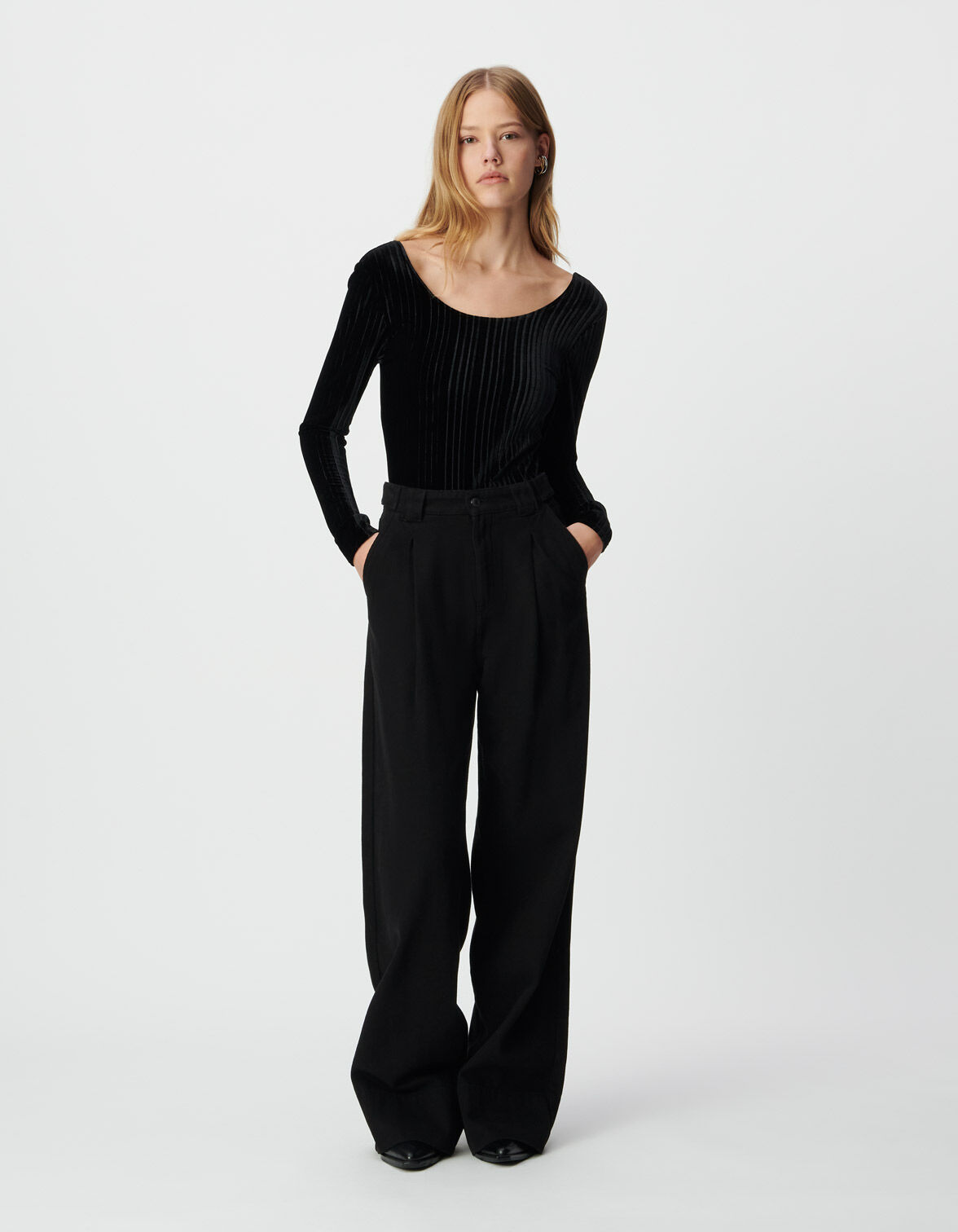 Body noir maille velours plissée Femme