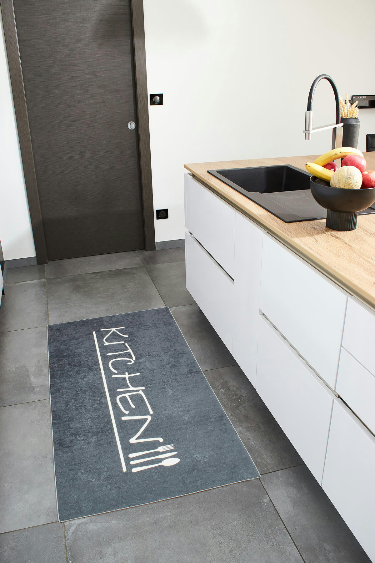 KITCHEN - Tapis de cuisine anthracite motif kitchen 80x150