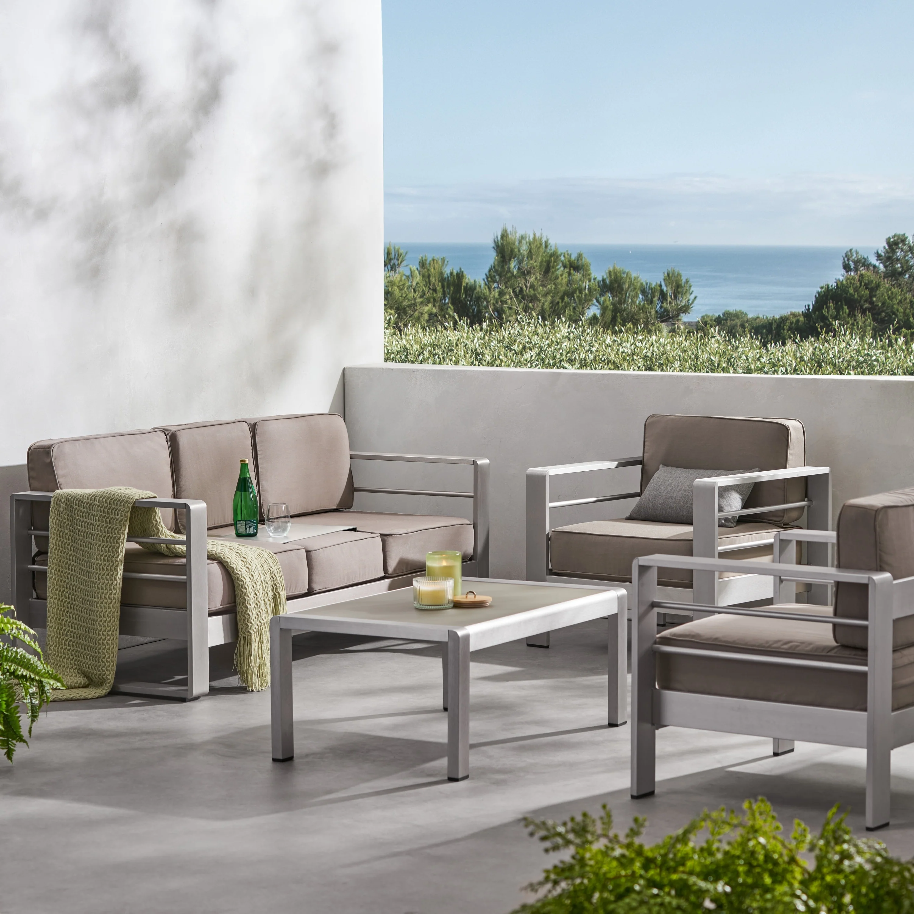 Cape Coral Aluminum and Sunbrella Outdoor 5 Seater Chat Set with Cushions by Christopher Knight Home