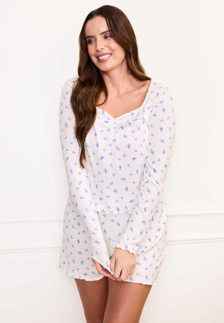 Womens Cream Ditsy Print Ribbed Pyjama Shorts