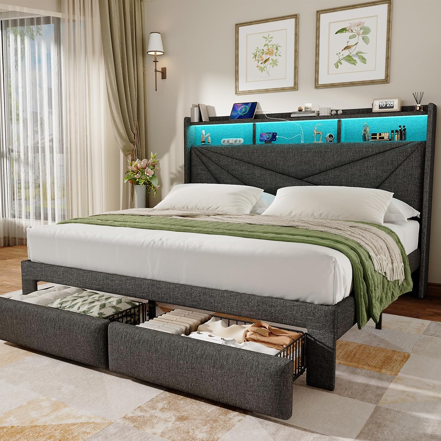Queen Bed Frame with 2-Tier Storage Headboard, Upholstered Bed Frame Queen Size with 2 Drawers, Charging Station and LED Lights, No Box Spring Needed, Easy Assembly - Dark Grey