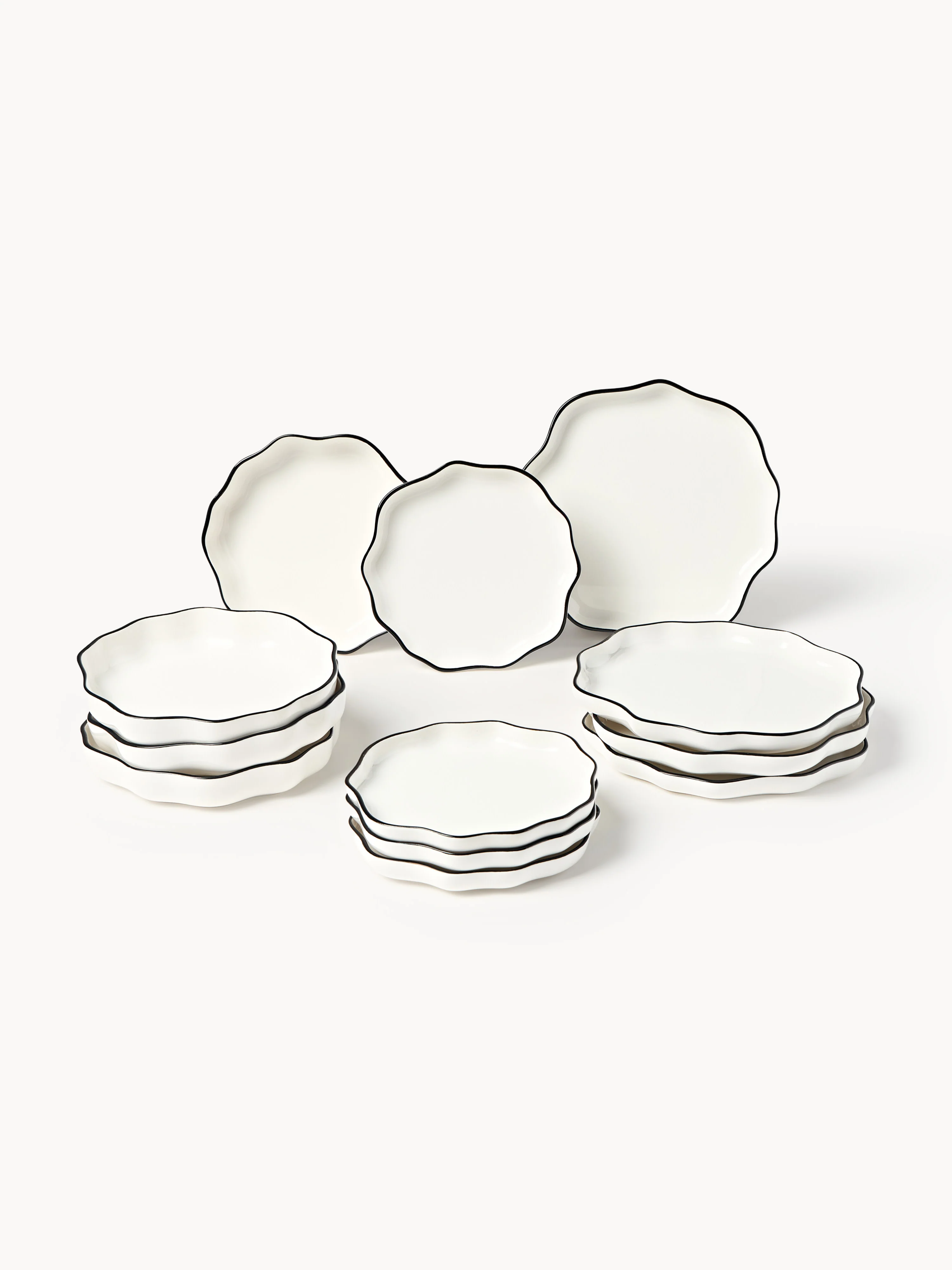Porzellan-Geschirr-Set Bia mit gewelltem Rand, 4 Personen, 12er-Set