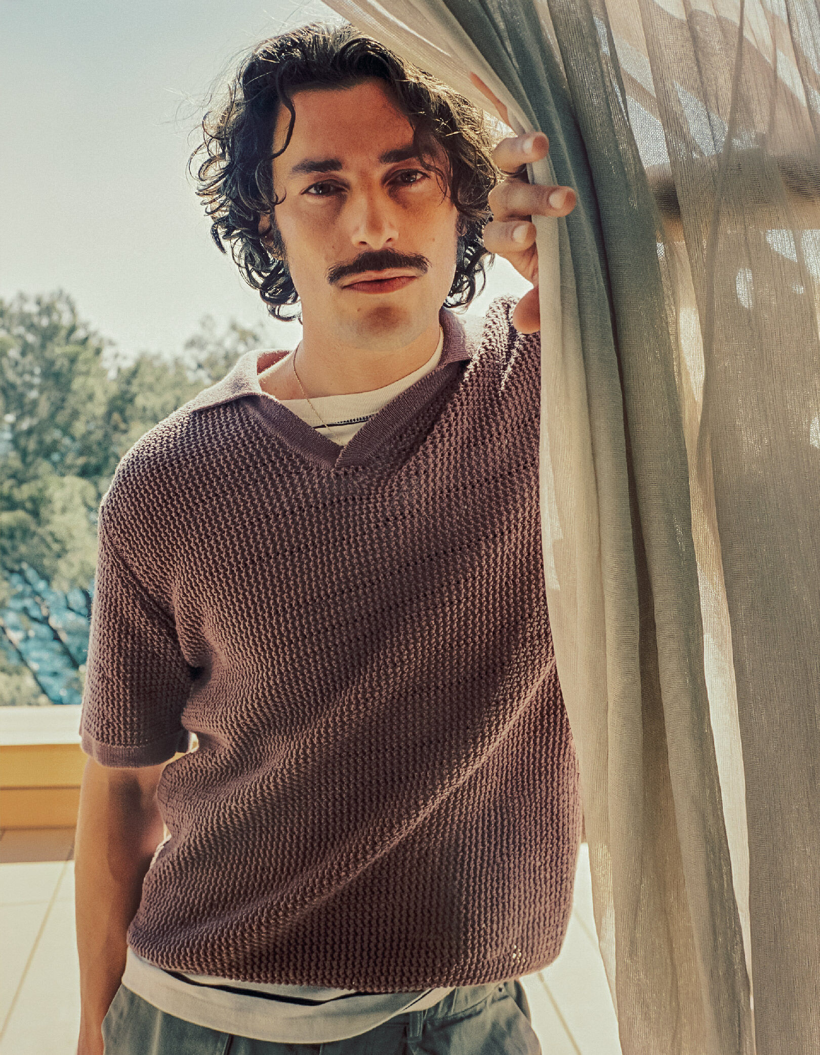 Polo marron tricot ajouré Homme