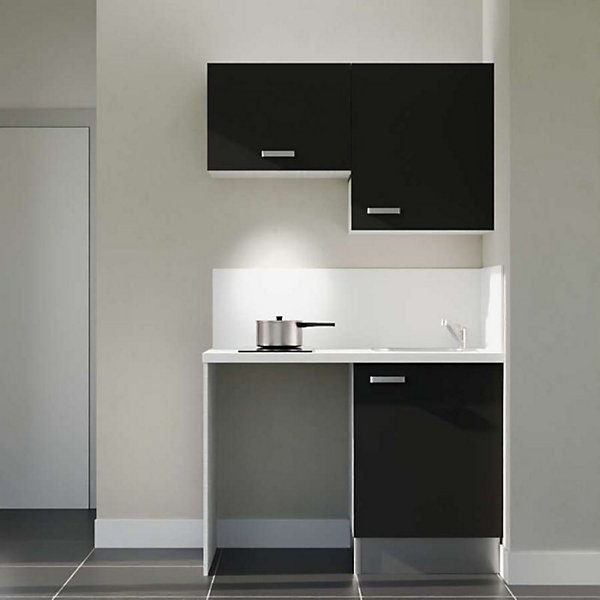 Kitchenette K01 - 120 cm - Façades : Noir - Plan de travail : Blanc - Crédences : Oui - Evier Inox