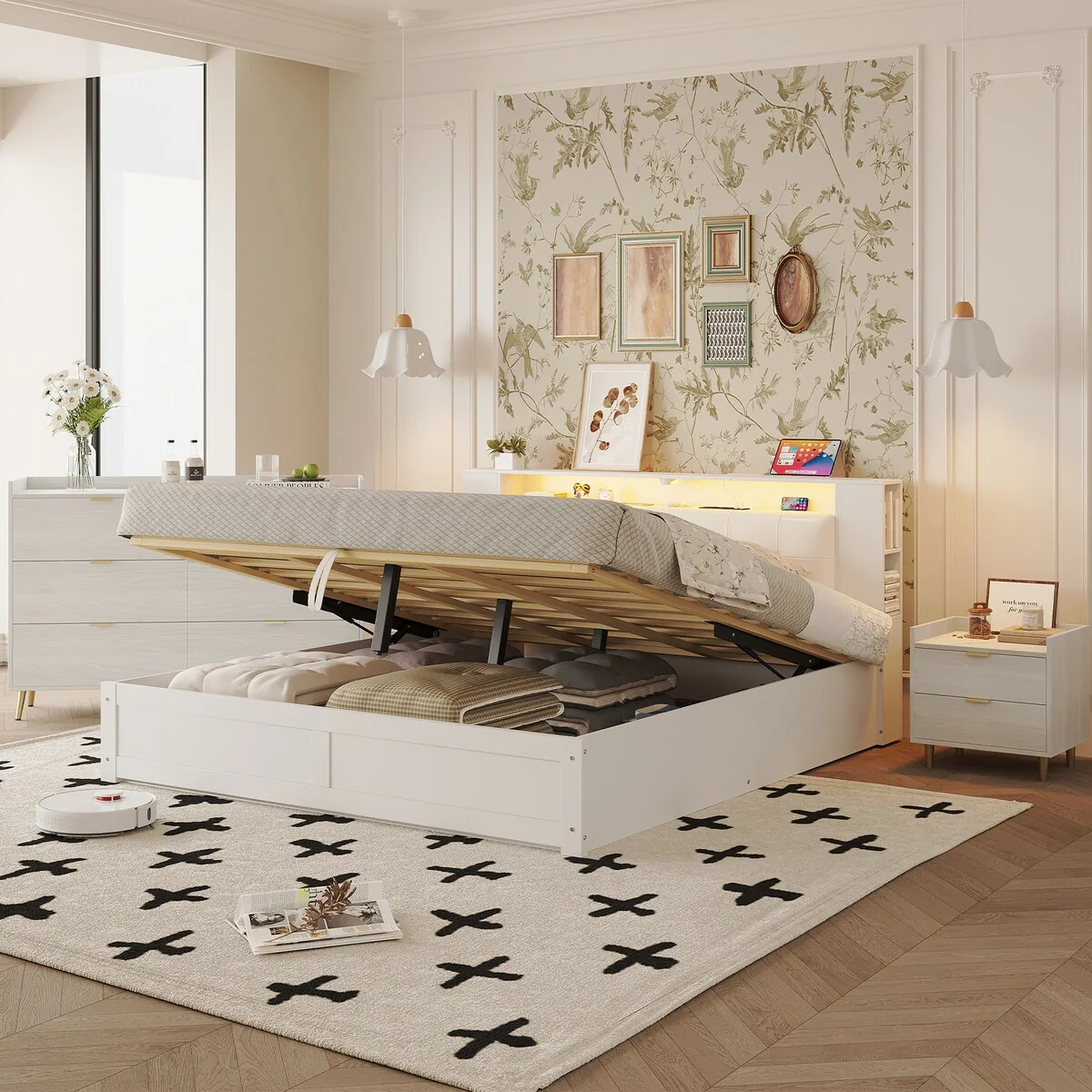 3-Pieces Bedroom Sets Queen Size Tufted Upholstered with Motion Activated Night Lights and USB Charger,Storage Nightstand