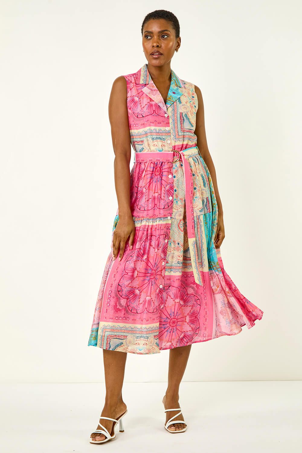 Roman Patchwork Belted Shirt Dress