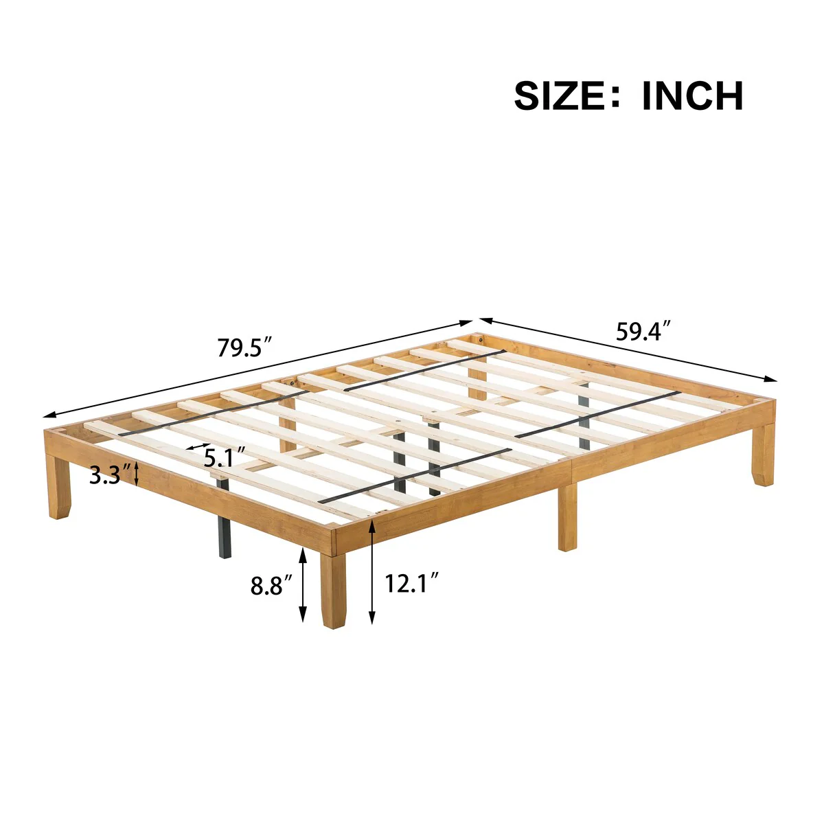 Queen Size Wood Platform Bed Frame, No Box Spring Needed, Strong Slat Support