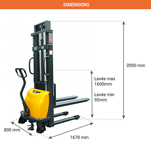 Gerbeur semi-électrique - Hauteur de levée max 1600mm - Charge max 1000kg - 1841043166