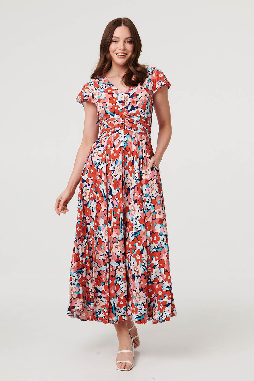 Izabel London Ruched Tie Back Cap Sleeve Maxi Dress