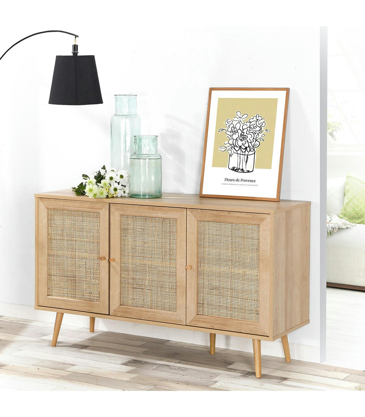 BALI - Buffet 3 portes avec cannage rotin et décor bois L120cm