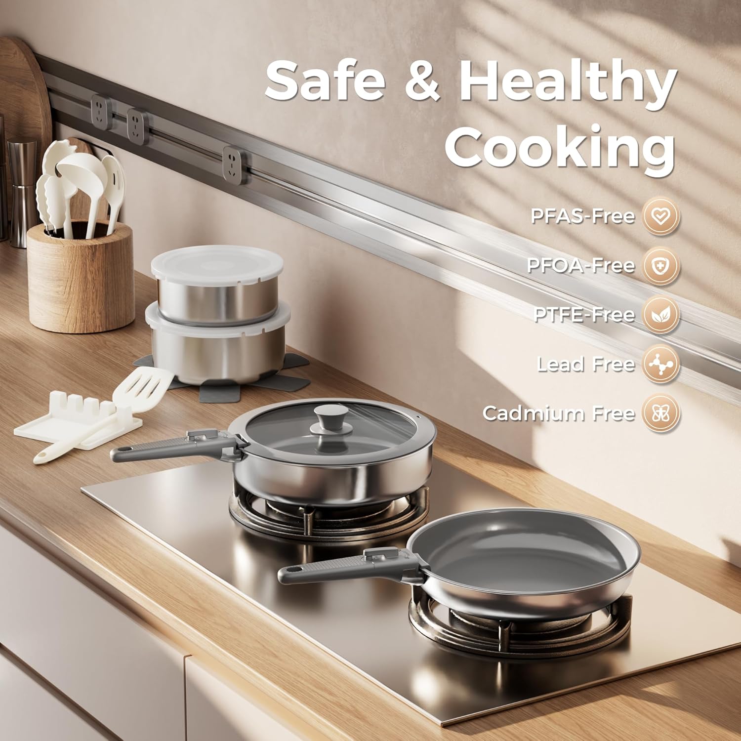 Sanho 21-Piece Pots and Pans Set, Healthy Ceramic Nonstick Cookware with Detachable Handles, Non-Toxic 4-Layer Stainless Steel & Aluminum Core, Induction RV Kitchen Set, Dishwasher & Oven Safe, Gray
