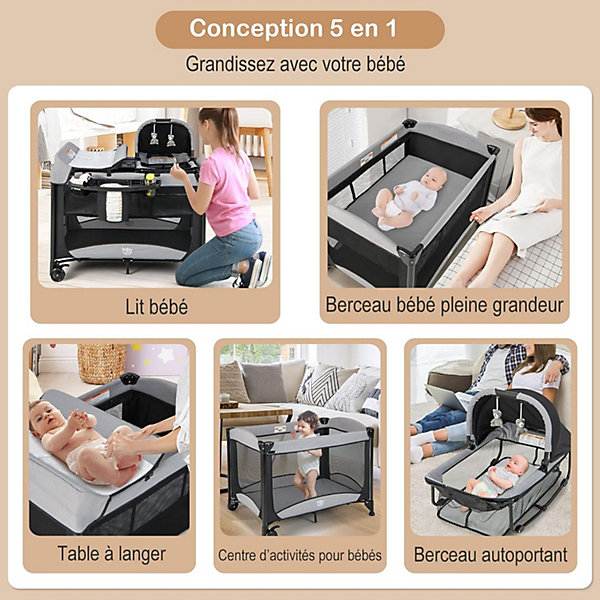 Lit Bébé Lit de Voyage Parc Bébé 5 en 1 avec Table à Langer Matelas Hauteur Réglable Panier Spacieux Sac Portable Noir