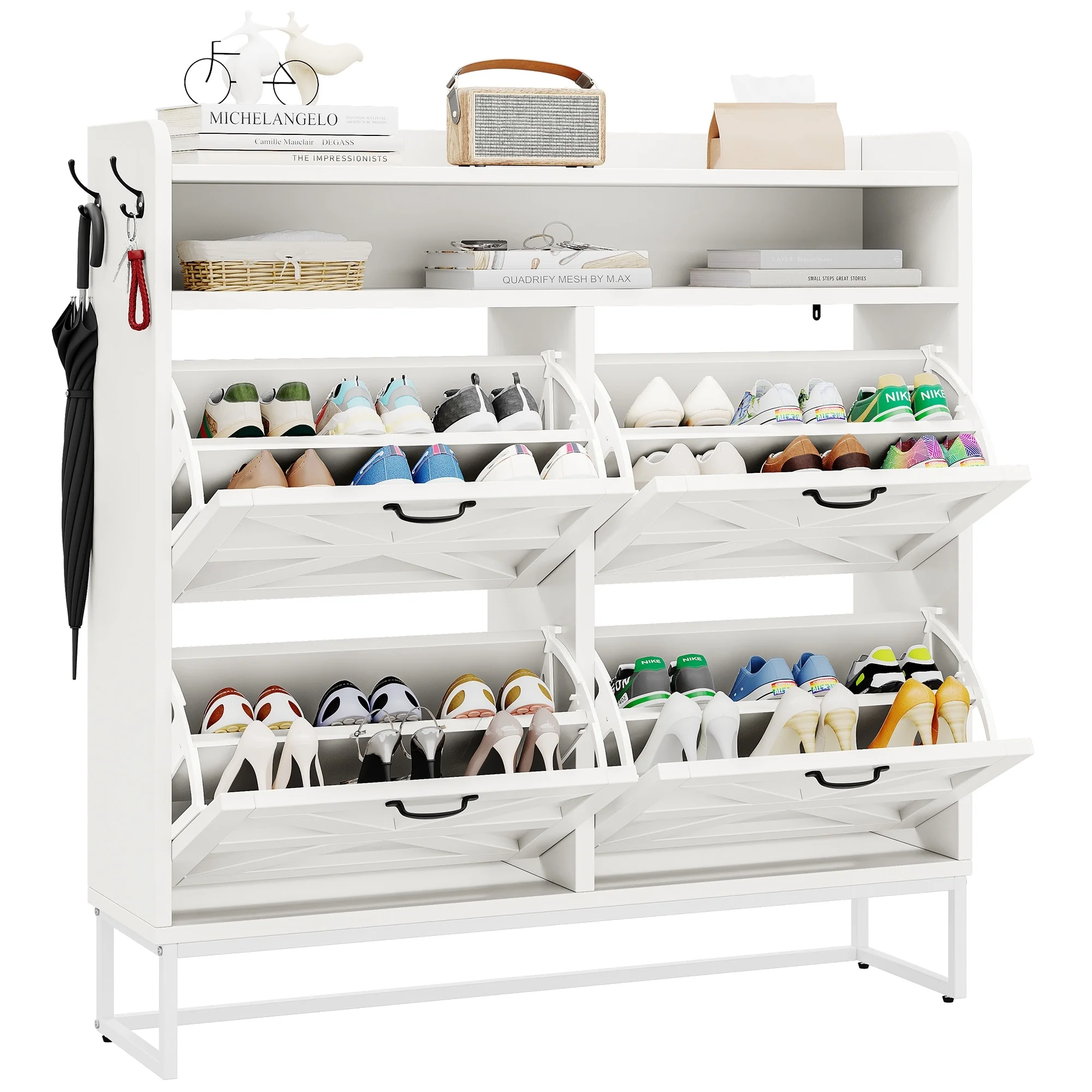 Moasis 24 Pairs Farmhouse Shoe Storage Cabinet 4 Flip Drawers Shoe Organizer