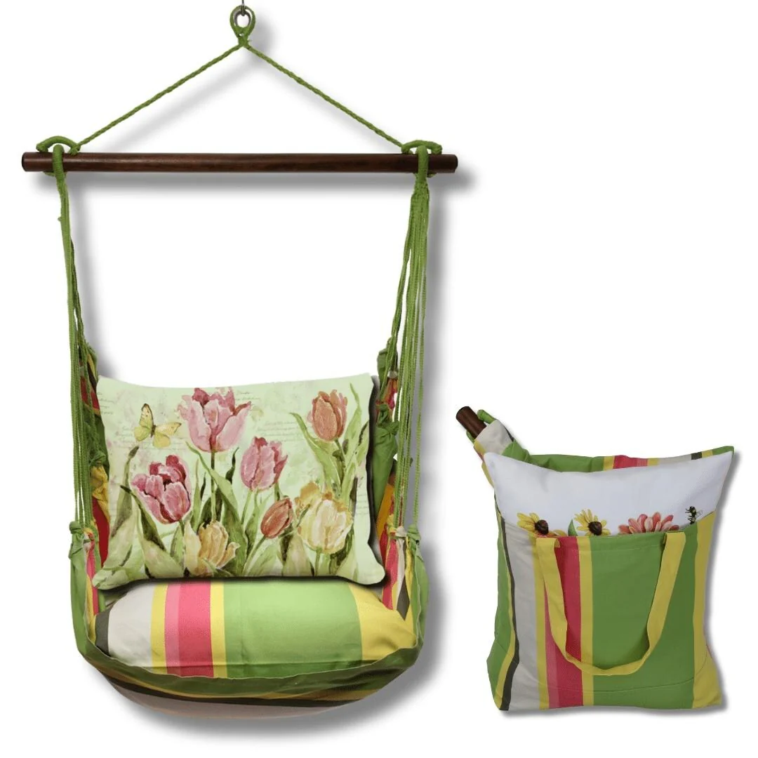 Magnolia Casual Swing Set 4 piece - Fresh Lime Stripe w/ Pink and Yellow Tulips