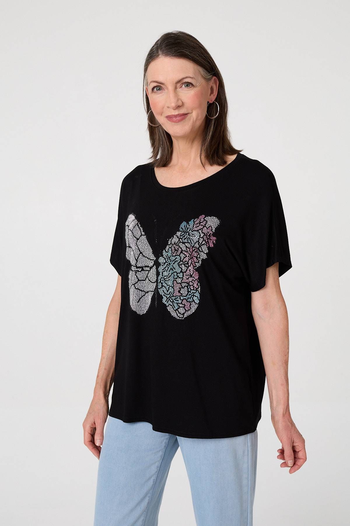 Izabel London Butterfly Print Sparkly Relaxed Top