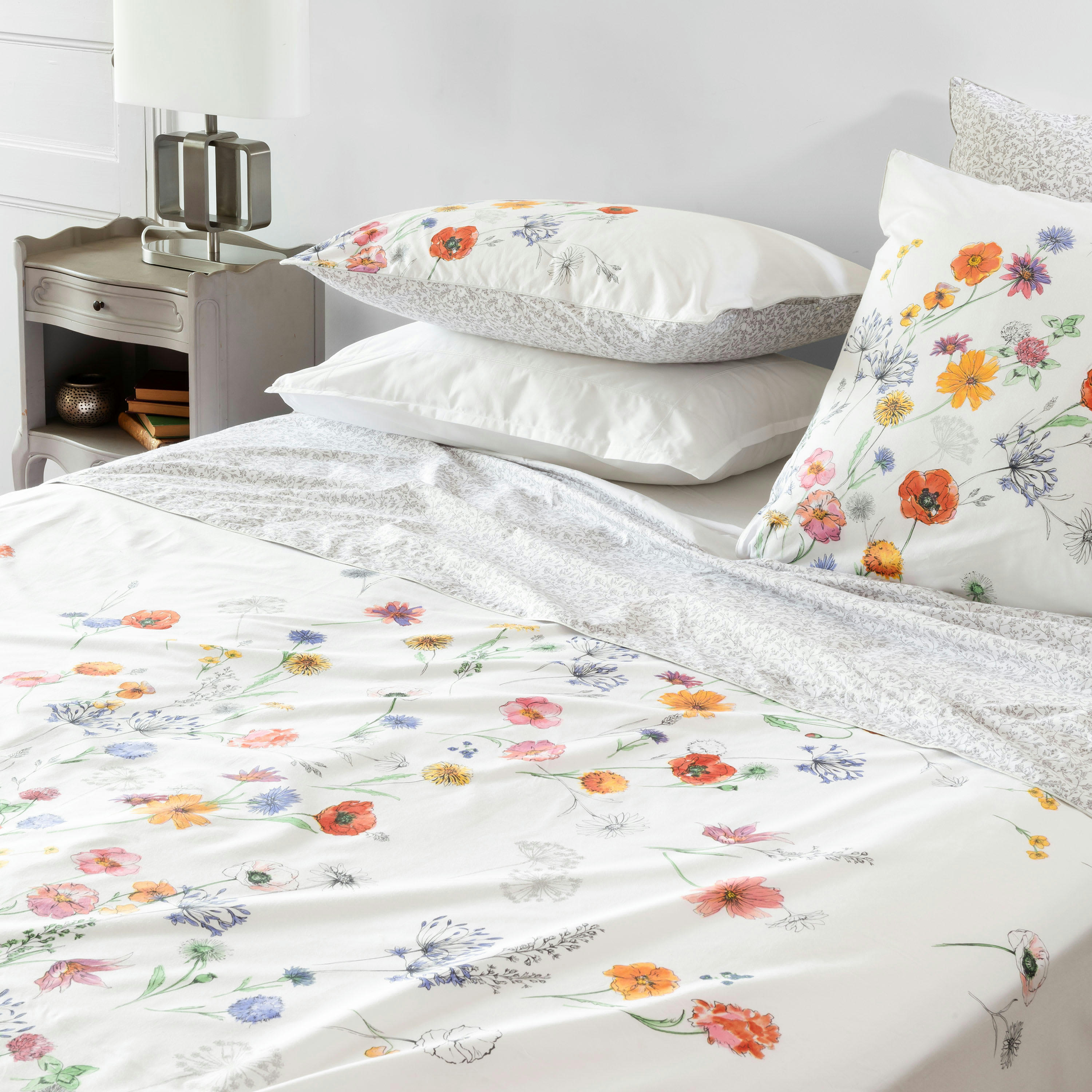 ELOGES - Drap de lit percale de coton imprimé blanc 270 x 300 cm