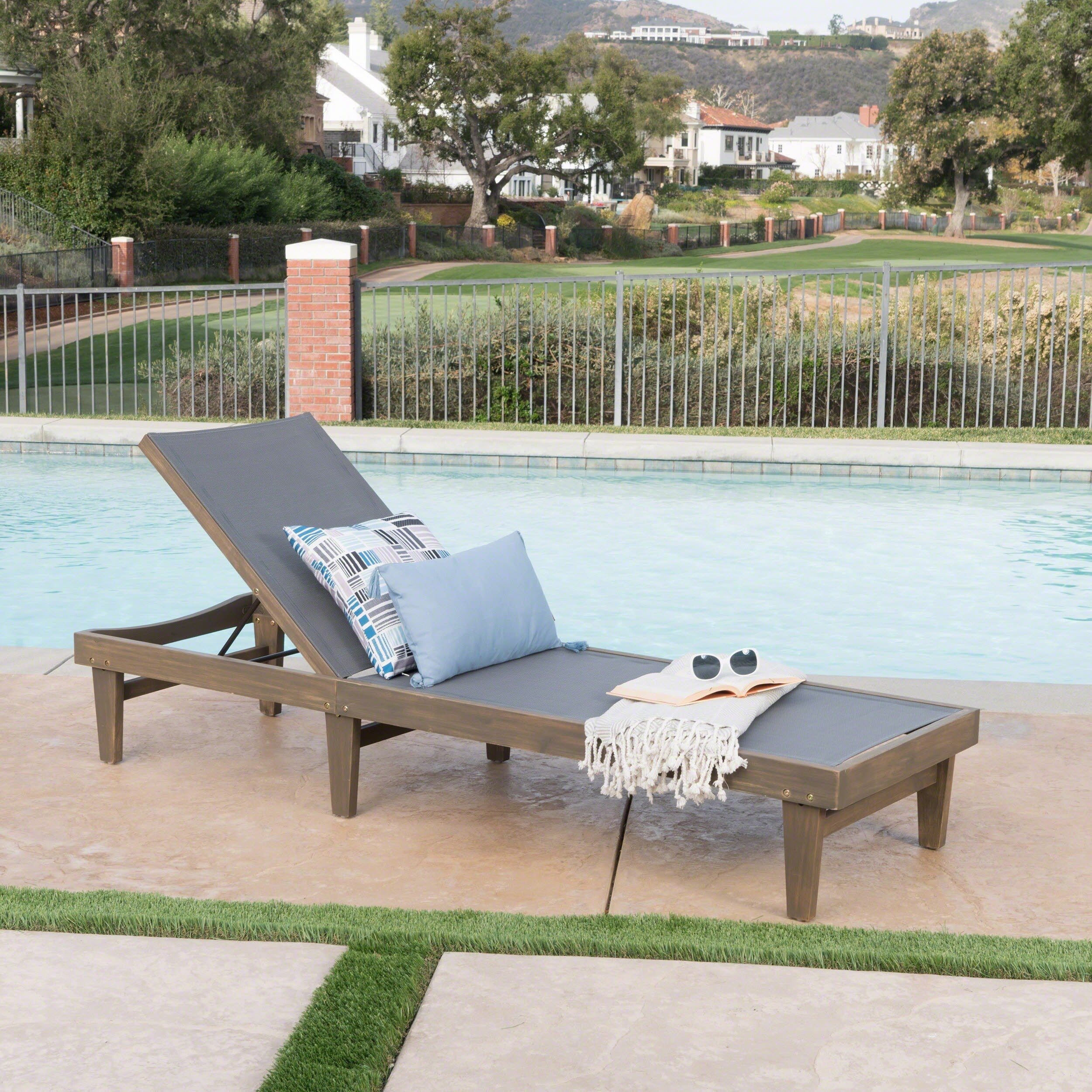 Roomfitters Outdoor Wooden Chaise Lounge with Adjustable Backrest, Weather-Resistant Sun Lounger
