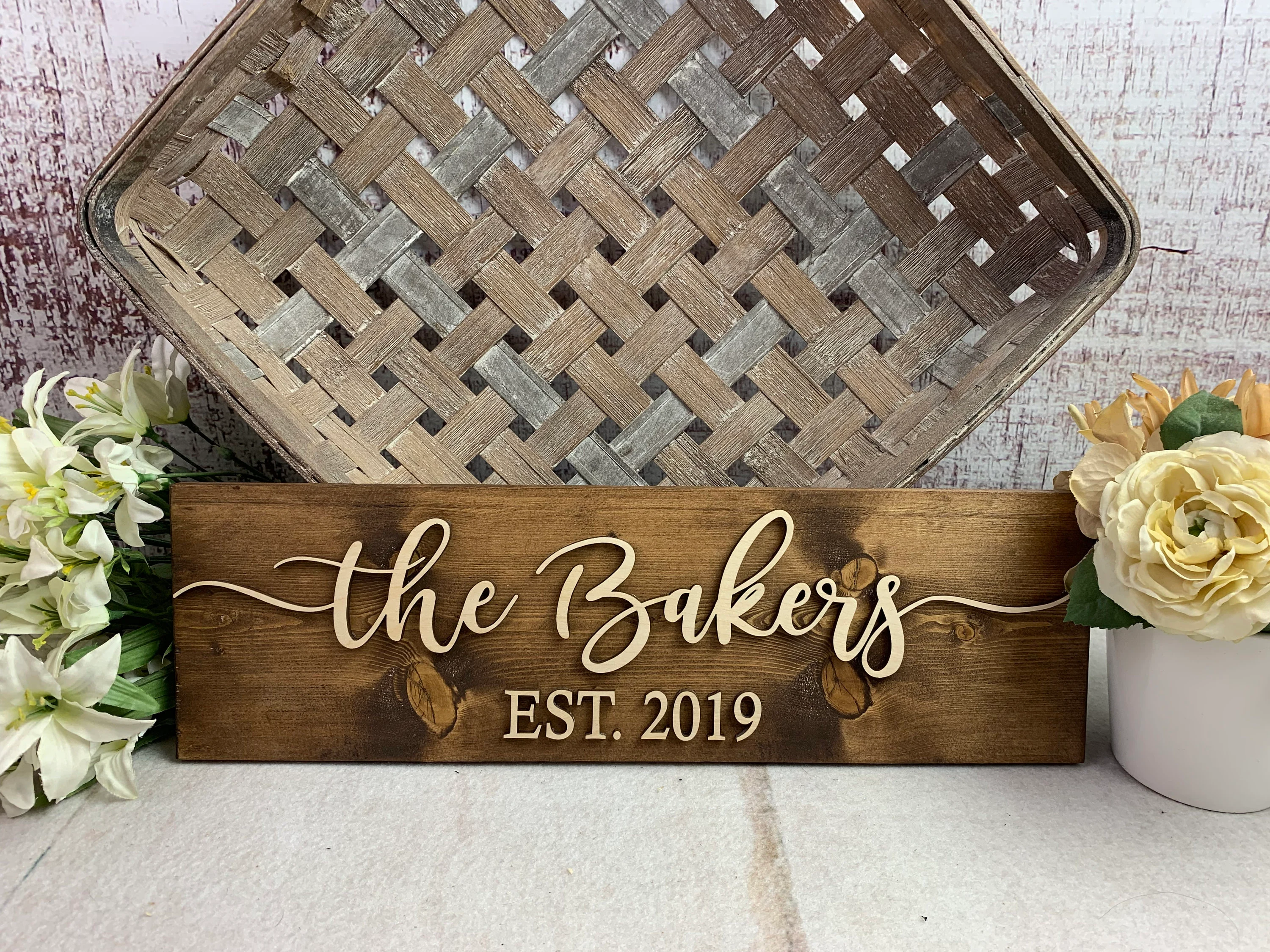 Personalized Family Name Wood Sign, Custom Established Year Wedding Gift for Couple, Last