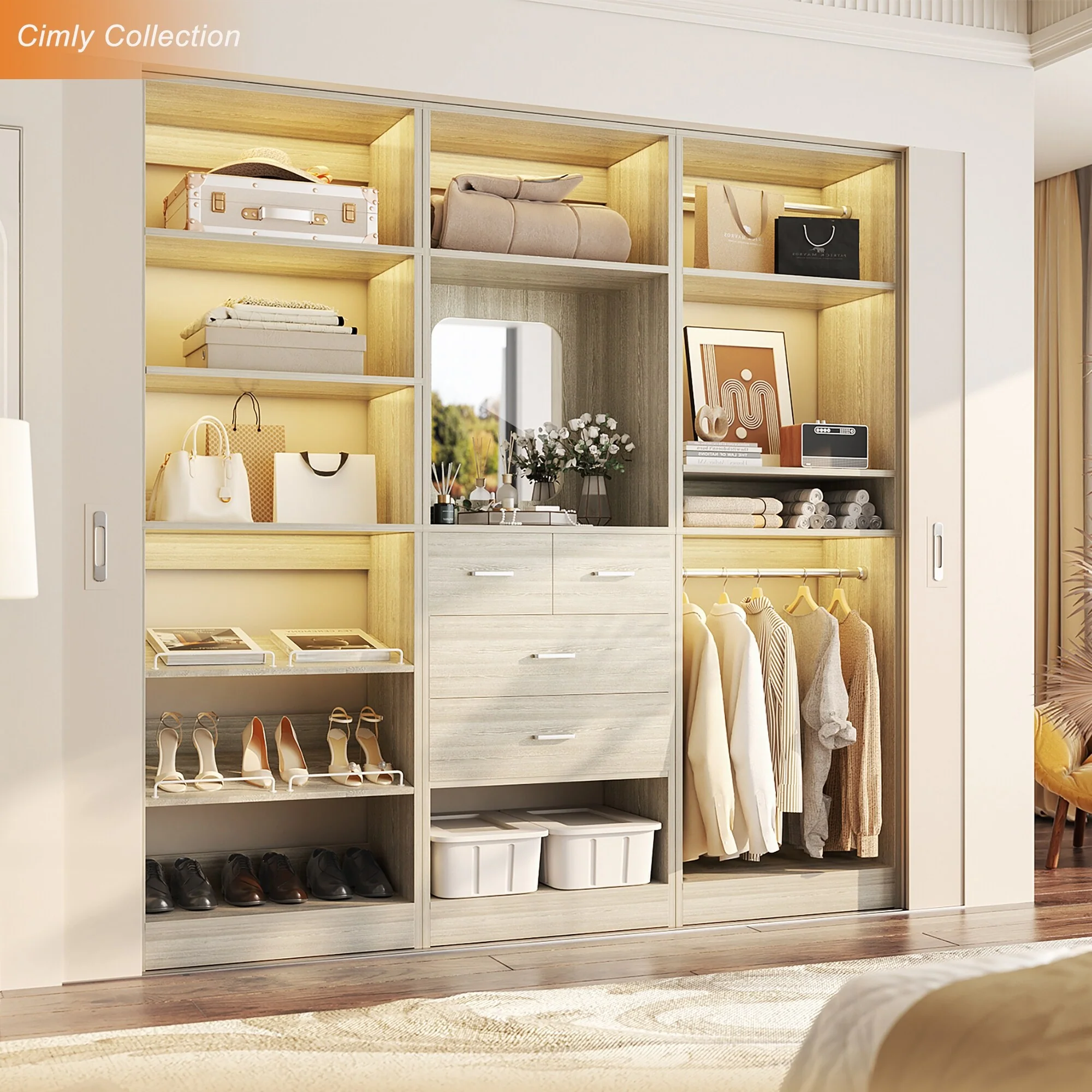 Cimly Set of 3 Freestanding Closet System with Drawers and Shoe Racks, 75'' Closet Organizer with Hanging Rods and Mirror