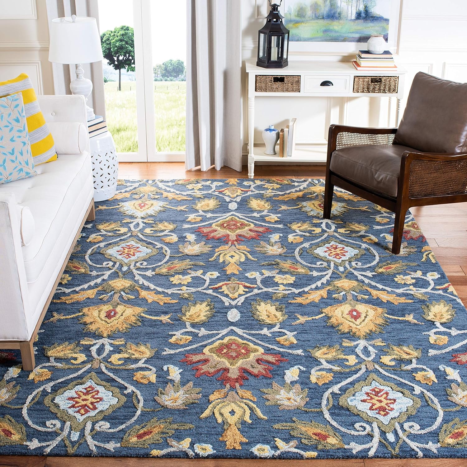 SAFAVIEH Blossom Collection Area Rug - 9' x 12', Navy & Multi, Handmade Wool, Ideal for High Traffic Areas in Living Room, Bedroom (BLM402A)