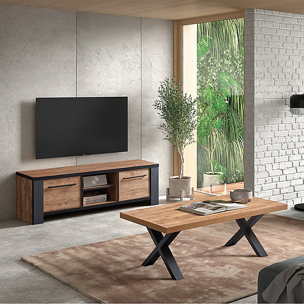 ETIENNE - Ensemble Salon Meuble TV et Table Basse Aspect Bois Piètement X Métal Noir