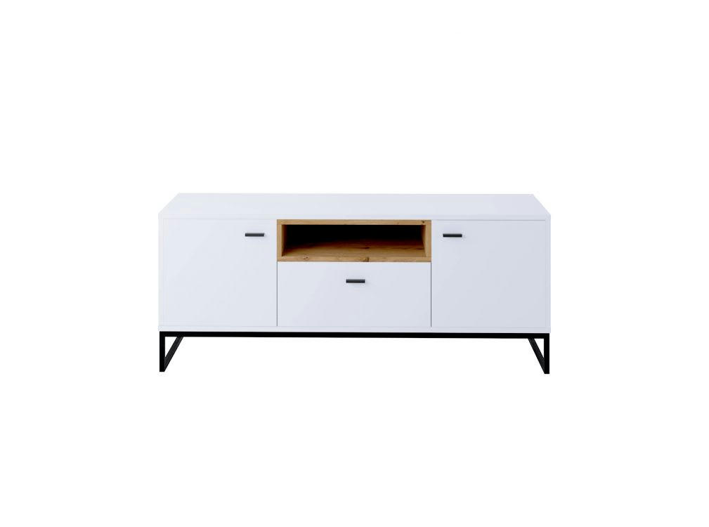 ODILE - Meuble TV 2 portes et 1 tiroir 135cm - Blanc / Bois