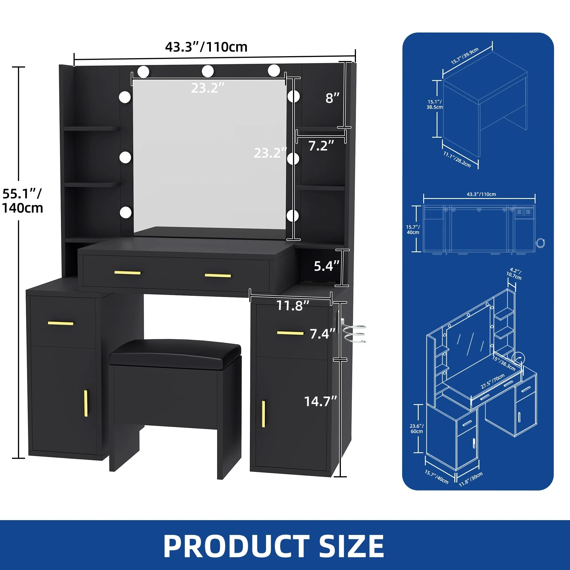 Moasis Makeup Vanity Desk with Lighted Mirror and Upholstered Stool