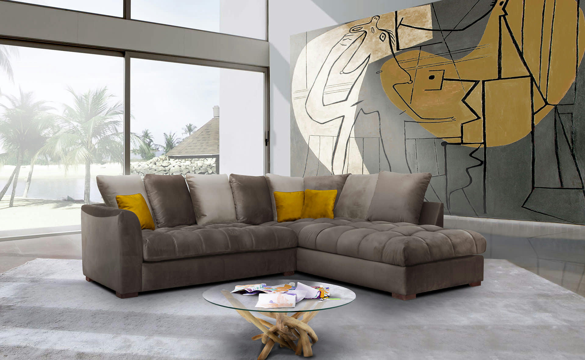 BARDI - Canapé d'angle droit 5 places tissu marron