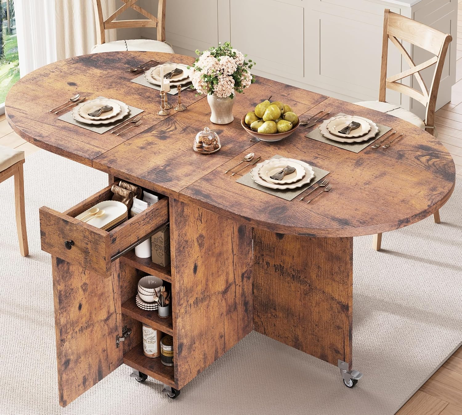 Jocoevol Round Folding Dining Table for 6, Space Saving Drop Leaf Kitchen Table with Storage Drawer, 6 Wheels Oval Gateleg Foldable Dining Table for Small Spaces (Vintage, 51 x 31.5 x 30)