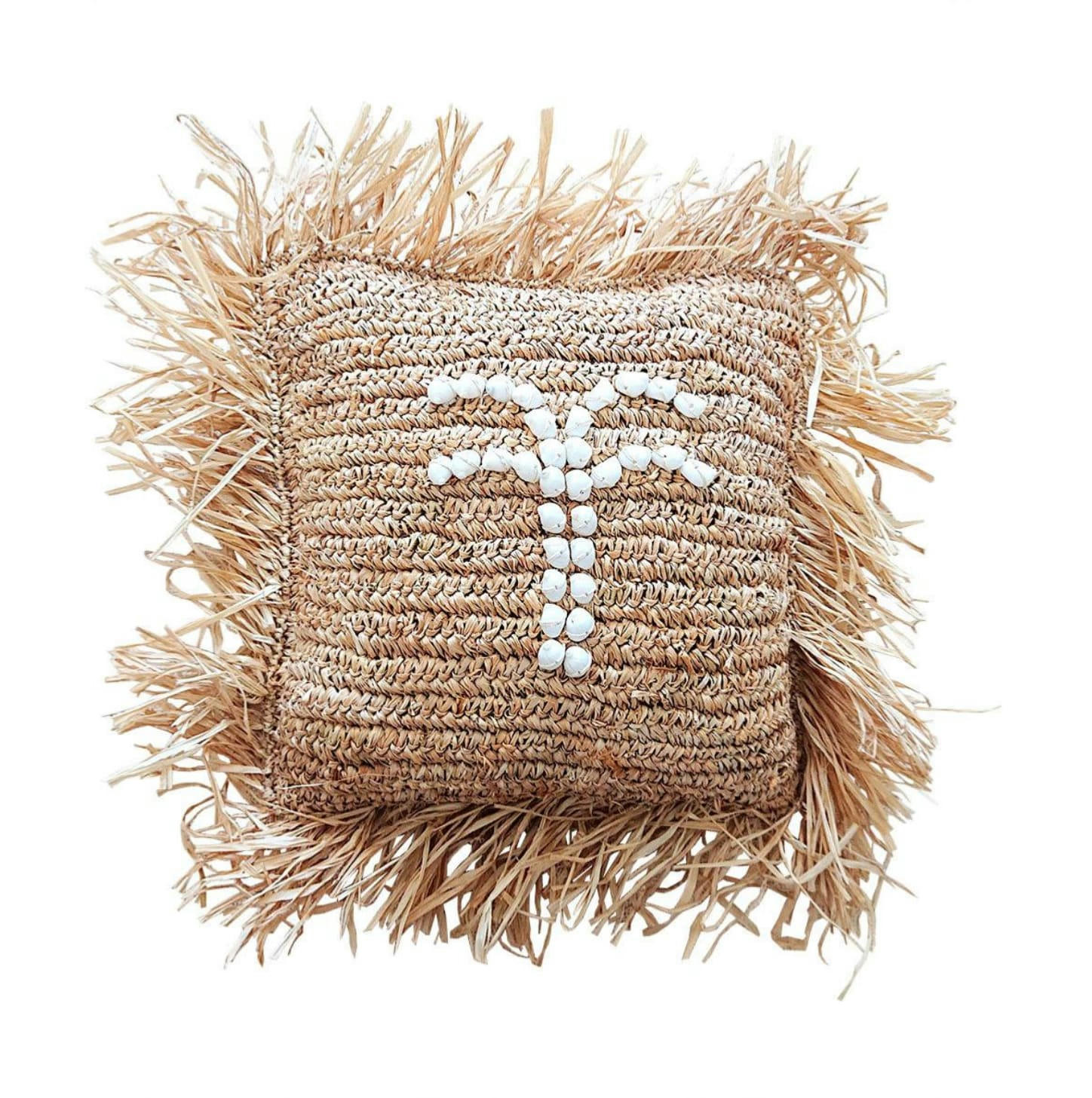 SHELLY - Housse de coussin en raphia et coquillages, beige 40x40 cm