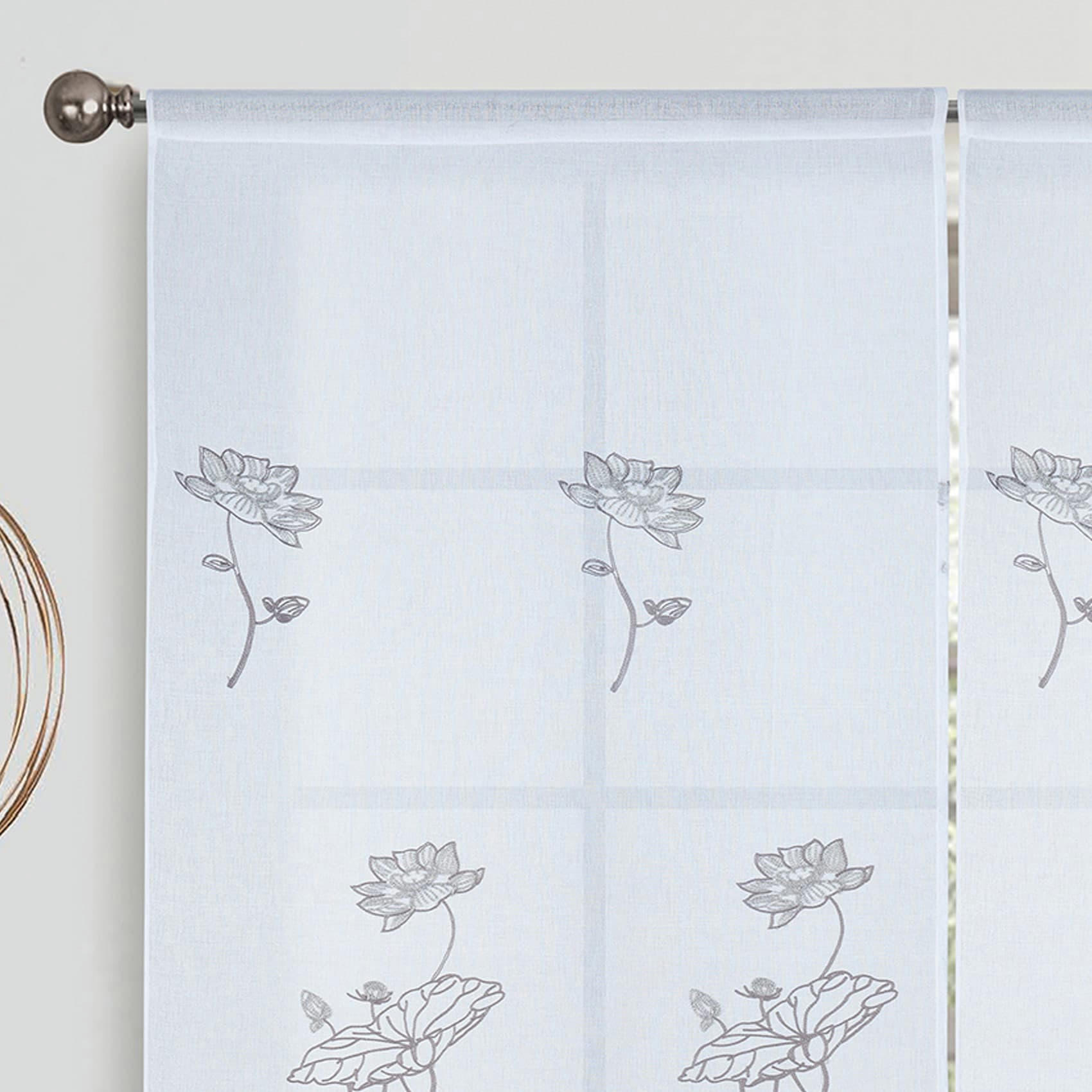 - Paire de vitrages brodée à fleurs polyester gris clair 90x220 cm