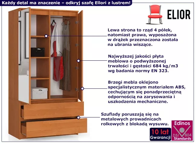 Klasyczna szafa z lustrem olcha - Navro