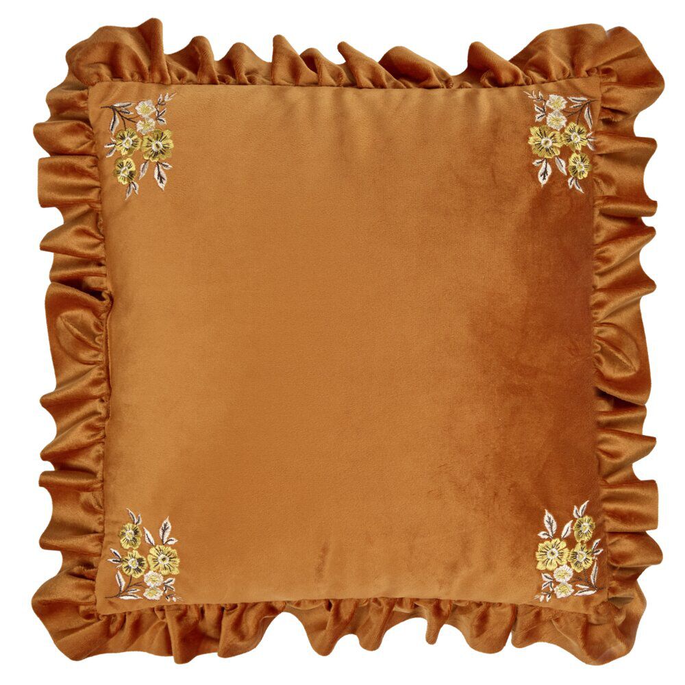 Coussin carré à volant angles fleurs brodées 40x40cm (2 modèles marron ou vert)
