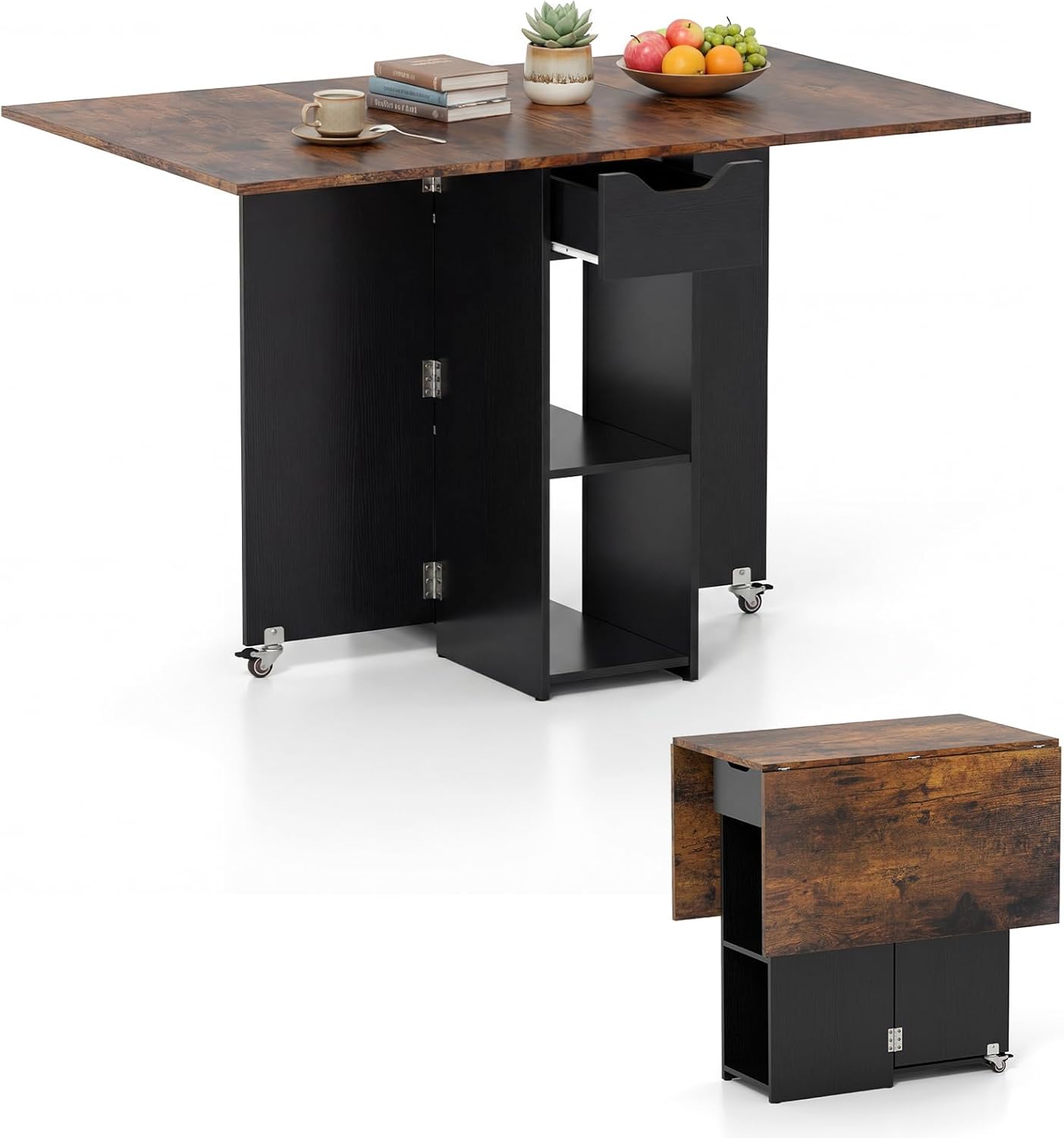 Giantex 47.5 Folding Dining Table for 2-4, Drop Leaf Wooden Dinner Table with 2-Tier Storage Shelf and Drawer, Lockable Wheels, Space Saving Kitchen Tables for Dinette, Small Space (Black+Brown)