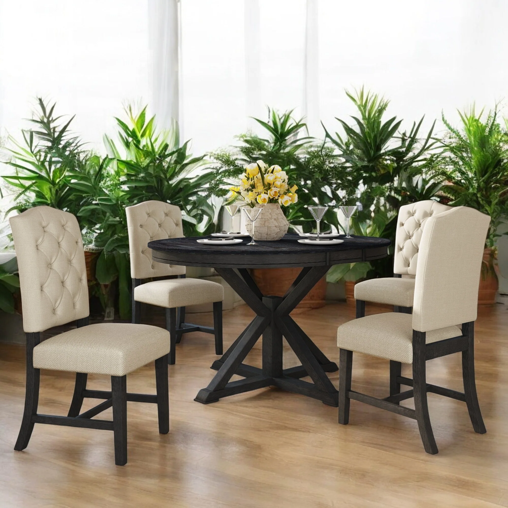 5-Piece Retro Extendable Dining Table Set with 4 Upholstered Chairs - Rubber Wood for Dining Room and Kitchen