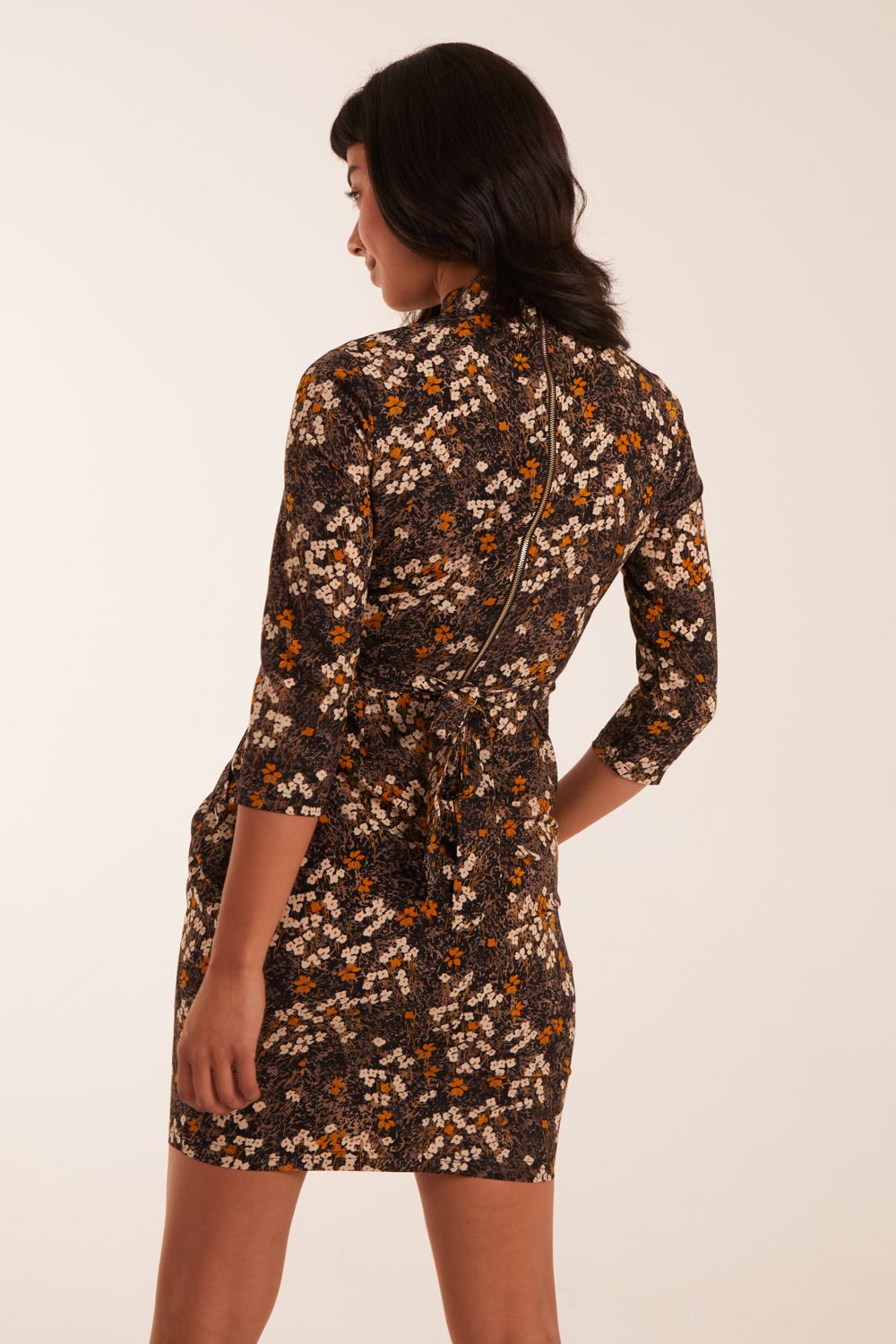 Blue Vanilla High Neck 3/4 Sleeve Dress With Belt