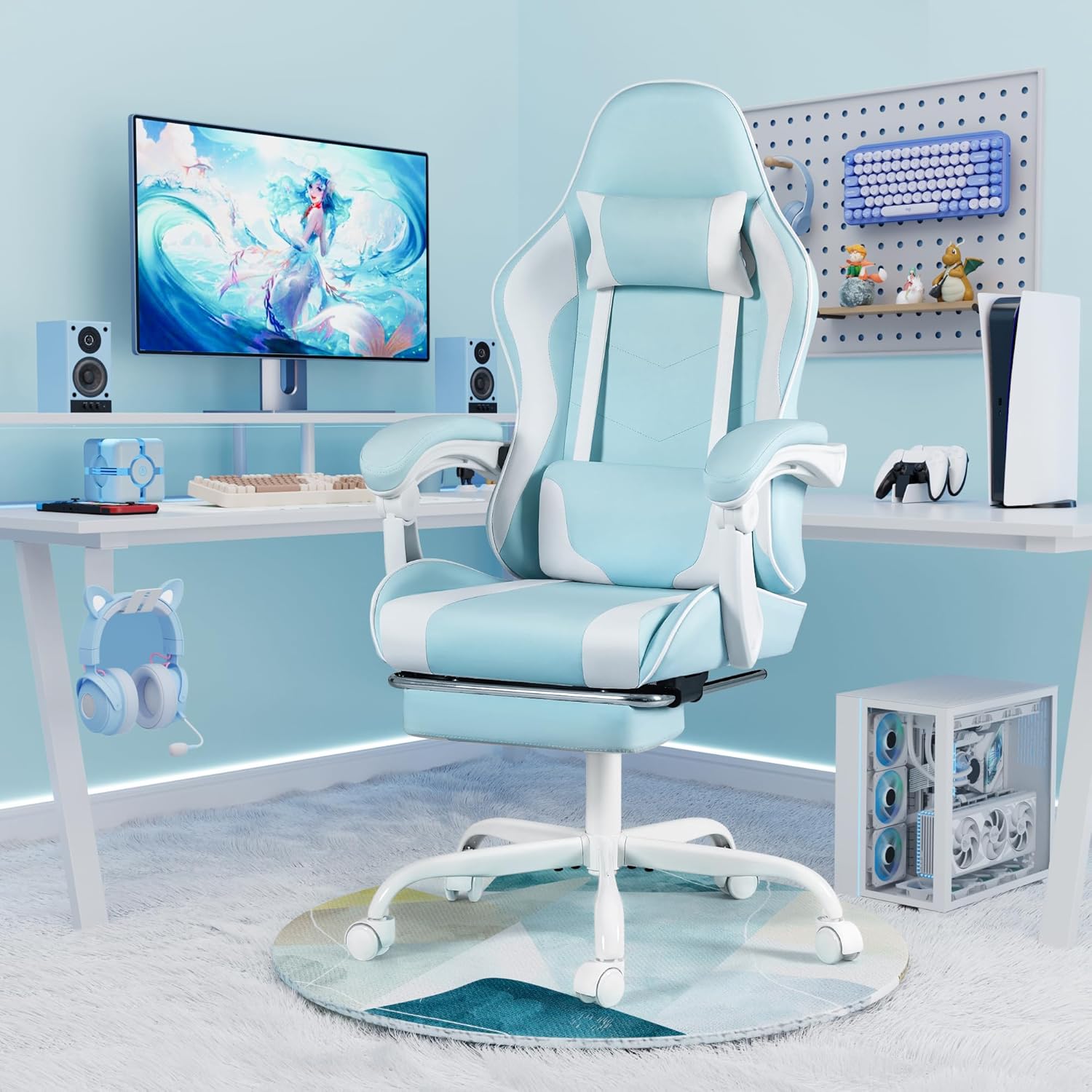 Homall Gaming Chair, Video Game Chair with Footrest and Massage Lumbar Support, Ergonomic Computer Chair Height Adjustable with Swivel Seat and Headrest (Light Blue)