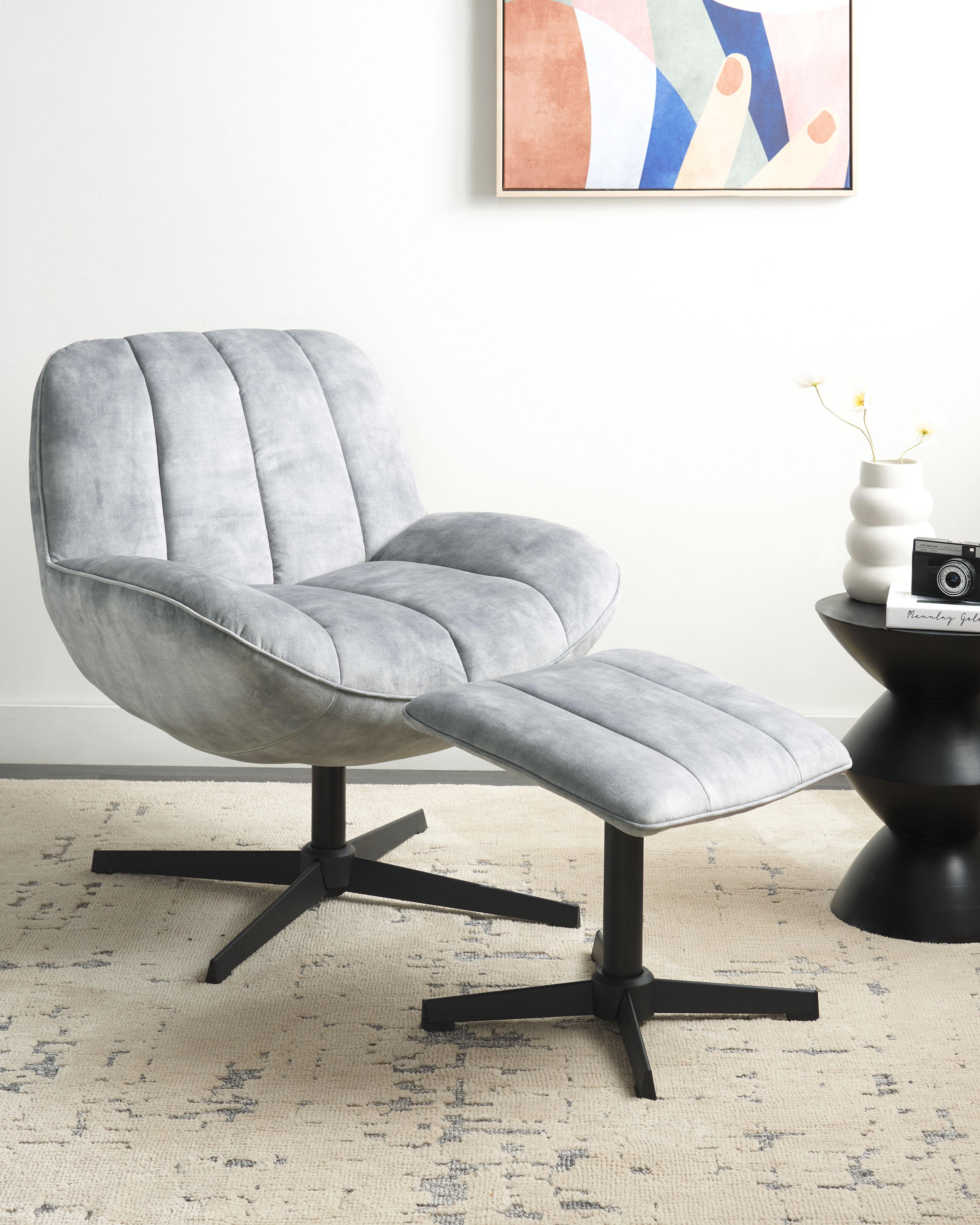 Swivel Armchair LIA with Footstool Velvet Light Grey