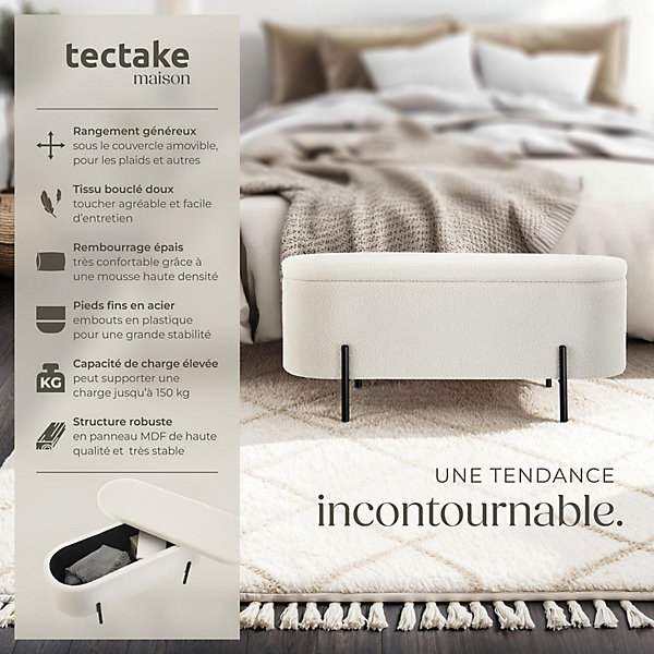 Banc LANJA rembourré, en tissu bouclé et avec espace de rangement en tissu bouclé rembourré