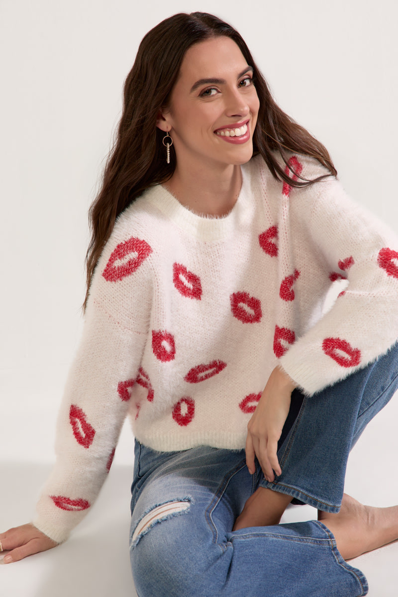 Pauline Fuzzy Lip Pattern Pullover Sweater
