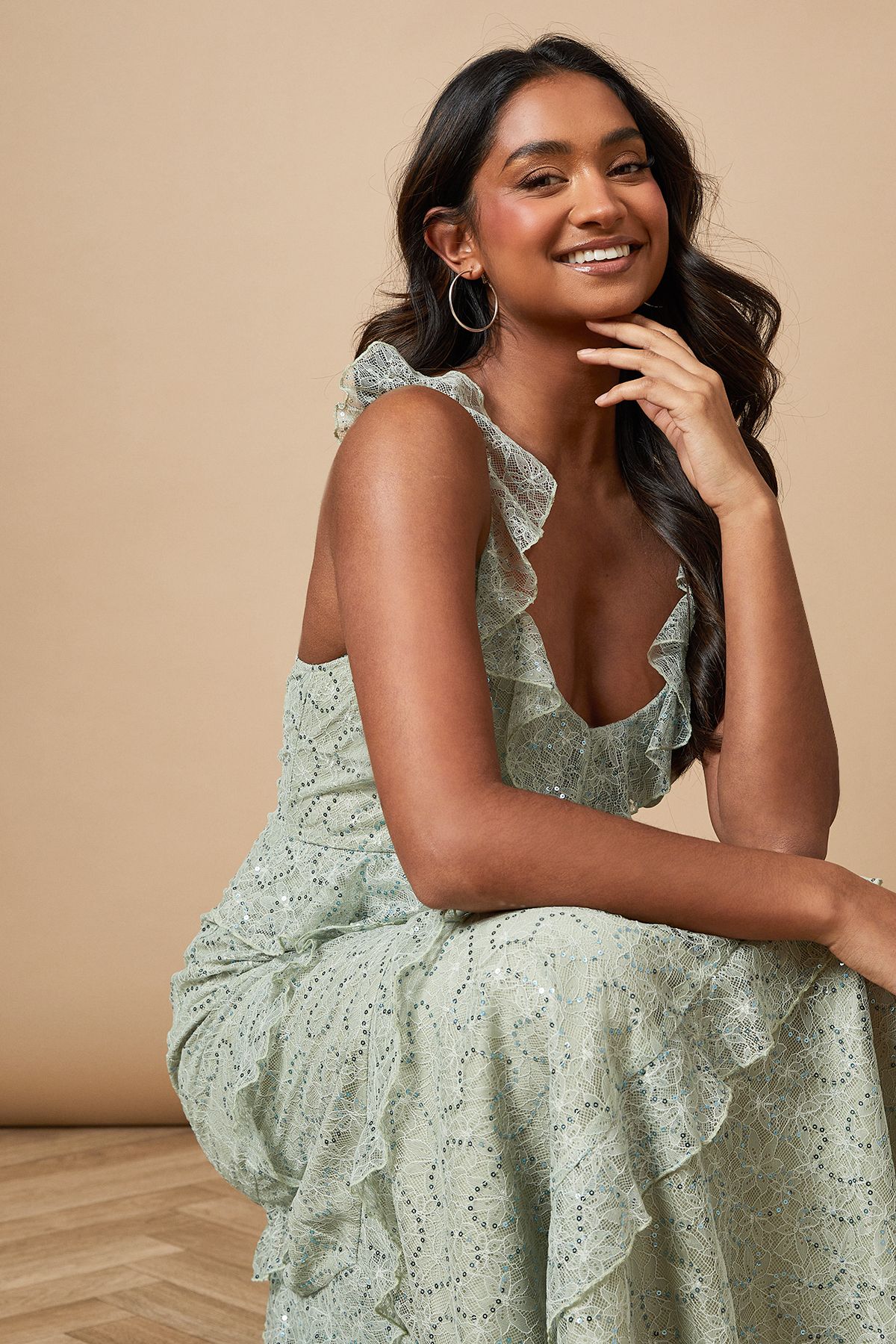 Oasis Sequin Lace Ruffle Detail Midaxi Dress
