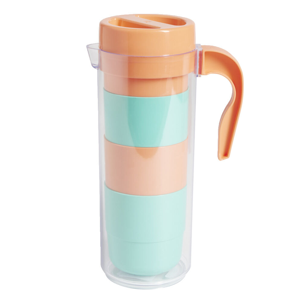 Pichet pique-nique avec 4 tasses plastique vert et orange Ø24xH8,5cm