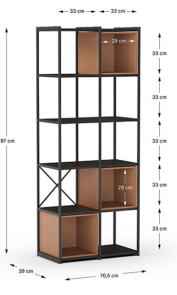 Etagère haute, meuble étagère aspect bois coloris terracotta et métal noir - Longueur 70 x Profondeur 39 x Hauteur 179 cm