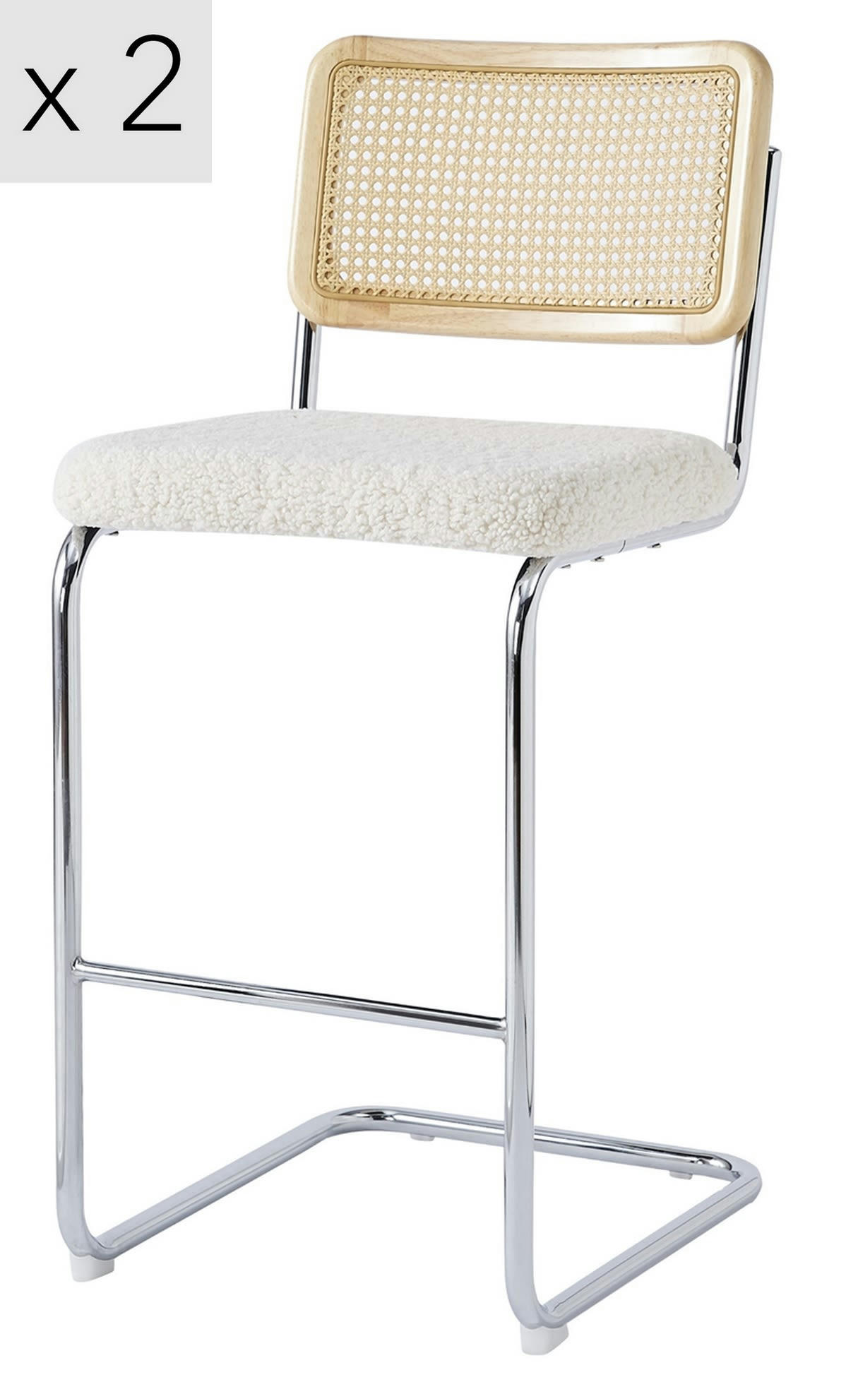 - Lot de 2 tabourets de bar en métal et cannage bouclettes blanches