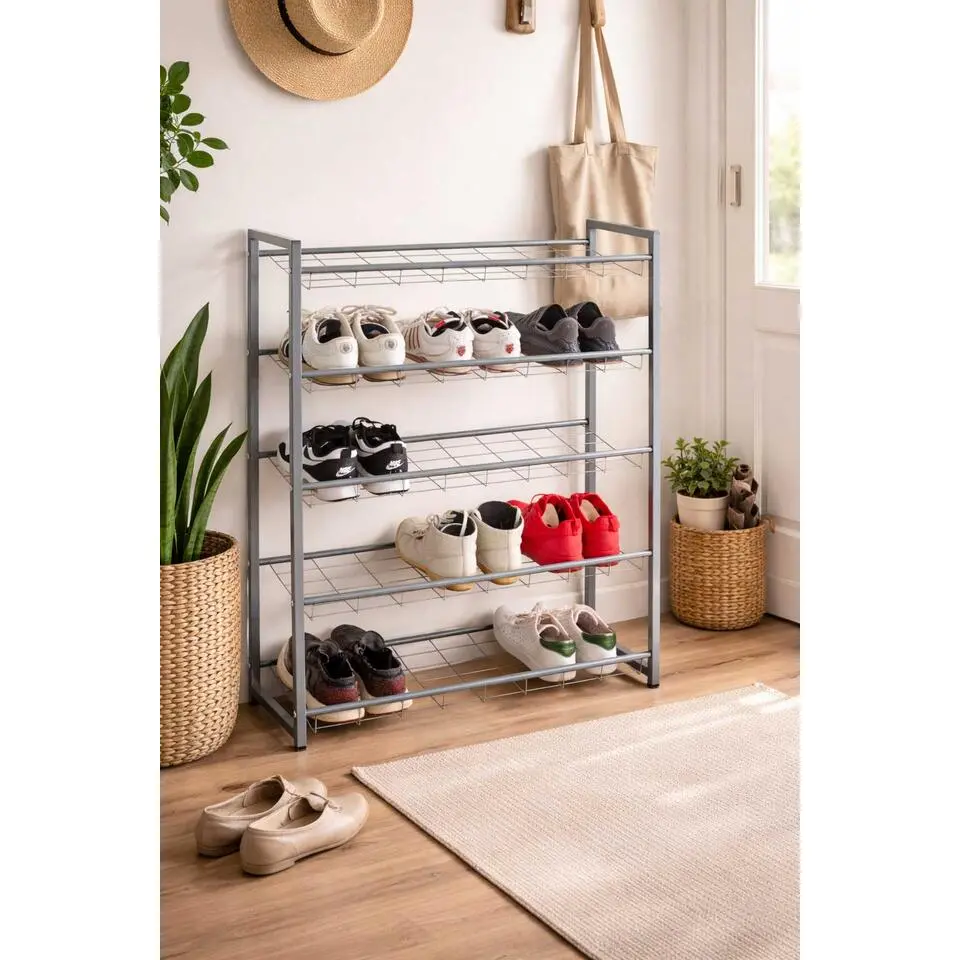 Schoenenrek met 5 planken - Metalen frame - Aluminiumkleur